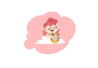 A playful and charming illustration of a cute angel with pink curly hair, playing a harp in a cloud surrounded by a soft pink mist, embodying a peaceful and whimsical atmosphere