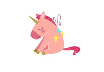 a pink unicorn with a sparkly mane, golden hooves, and a magical glowing aura, radiating happiness. The unicorn is depicted in a playful, peaceful pose with butterfly wings