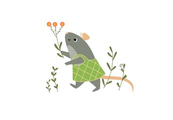 cheerful illustration of a small gray mouse wearing a green dress, walking through plants while holding a flower in its hand. The mouse has a happy expression, with bright, cartoonish features