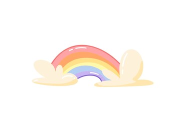 colorful illustration of a rainbow arching over two clouds, with the rainbow consisting of soft, pastel colors of pink, orange, yellow, green, blue, and purple, all set against a white background
