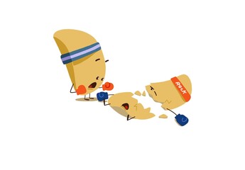A cartoon illustration of two animated rock-paper-scissors shapes, with a paper figure in boxing gloves knocking out a rock, visually representing a playful and humorous take on the classic game