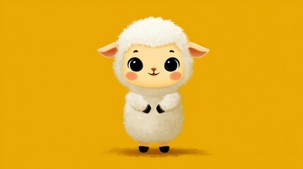 Adorable Cartoon Sheep with Fluffy Wool on a Bright Yellow Background