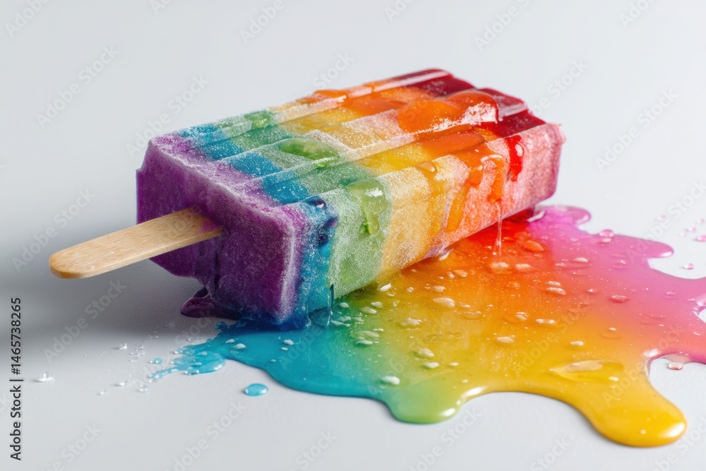 Poster melting rainbow popsicle on white surface creating vibrant colorful puddle generative ai