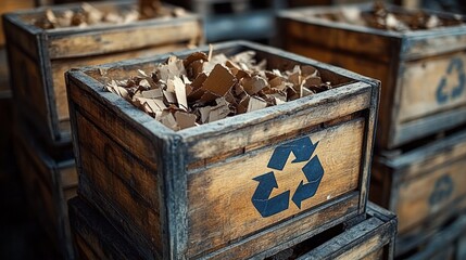Wooden crates filled with torn cardboard pieces marked with recycling symbols, emphasizing environmental care and sustainability