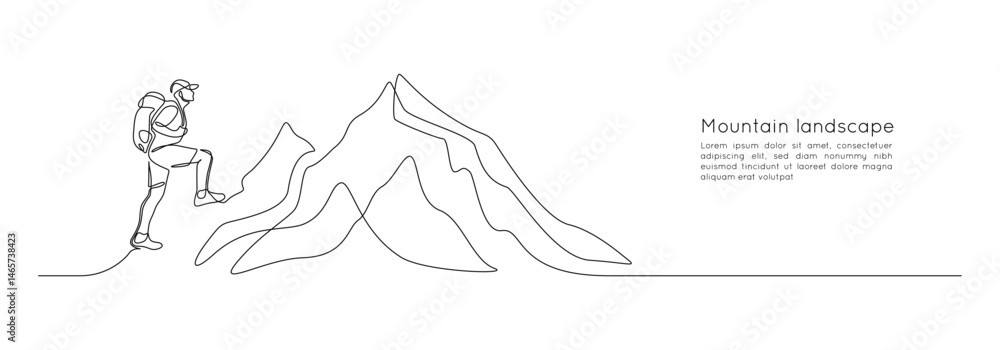 Poster Man climbs the mountains in one continuous line drawing. Traveler with backpack is hiking in simple linear style. Leadership development Editable stroke. Doodle vector illustration