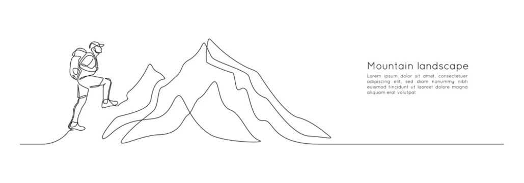 Man climbs the mountains in one continuous line drawing. Traveler with backpack is hiking in simple linear style. Leadership development Editable stroke. Doodle vector illustration