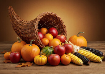 A cornucopia overflowing with ripe fruits, vegetables, and grains on a wooden surface.