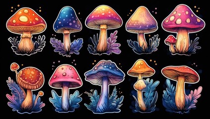 Colorful Mushroom Set with Fantasy Art.