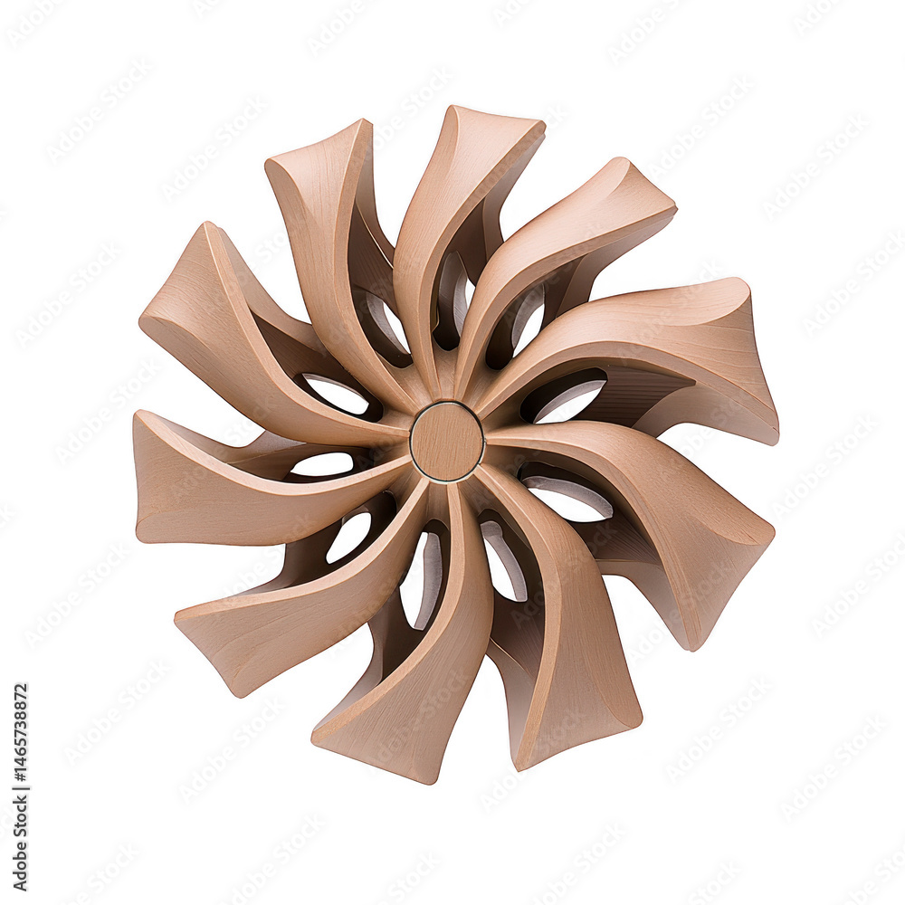 Poster wooden spiral sculpture with radial design, featuring curved, petal like elements emanating from cen