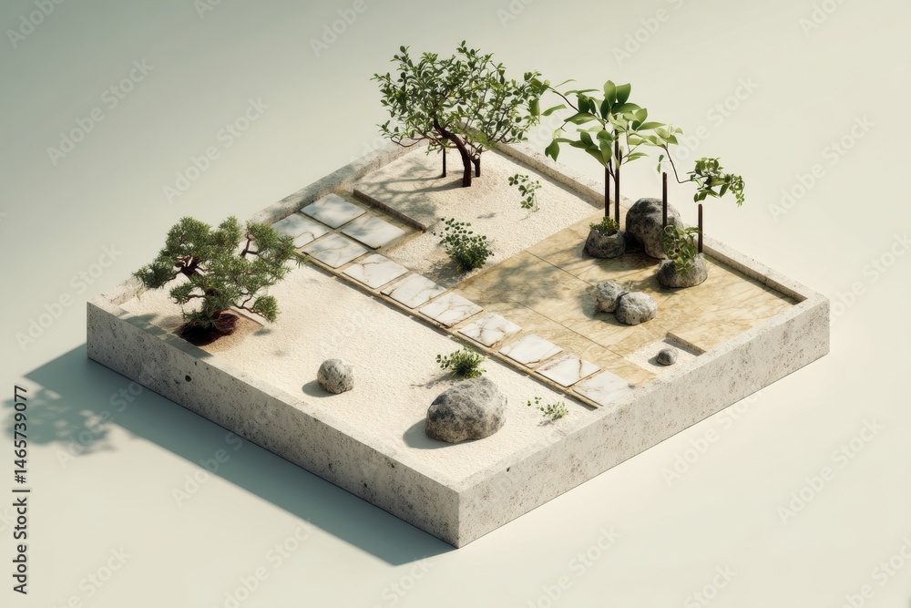 Fototapete minimalistic isometric zen garden with serene stone paths surrounded by greenery for tranquil relaxa