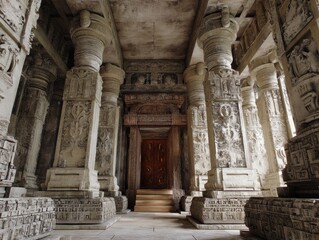 Obraz premium Ornate interior of a temple-like structure, featuring detailed carvings on pillars and walls, leading to a wooden door in a hall.