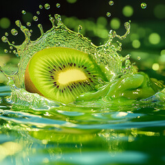 Fresh, juicy green kiwi fruit slice in a water splash