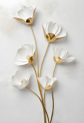 Minimalist 3D illustration of white paper flowers with golden stems and leaves, arranged in an elegant circular frame on a soft light background. Perfect for decor or luxury design.