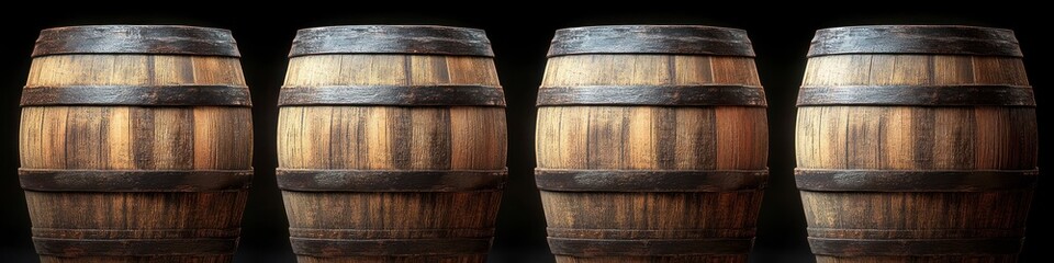 Four rustic wooden barrels with metal bands standing side by side on a black background