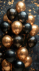 an invitation card with a lot of black and gold balloons