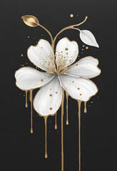 Minimalist 3D illustration of white paper flowers with golden stems and leaves, arranged in an elegant circular frame on a soft light background. Perfect for decor or luxury design.