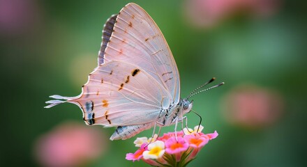 Obraz premium Delicate Pink Butterfly on Vibrant Flower Close Up Macro Photography of Insect in Nature