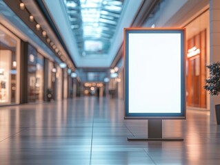 Empty digital advertising board in a modern indoor shopping mall corridor with blurred store fronts and ambient lighting