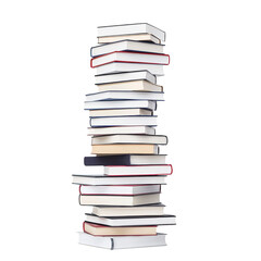 Tall stack of various hardcover books with colorful spines is arranged in vertical pile, symbolizing knowledge and education. books are neatly stacked, creating sense of balance