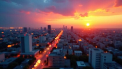 Fototapeta premium Close-up of blurry, out-of-focus cityscape at sunset, diffused, vague, dreamy