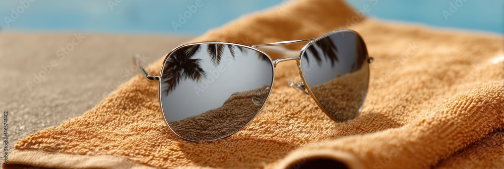 Poster sunglasses resting on sandy towel reflecting palm trees under bright sun by the beach generative ai