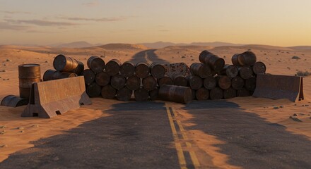 Desert road blocked with barrels and barriers, post apocalyptic wasteland scene, travel restriction concept