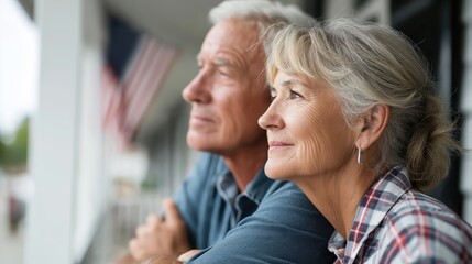 Senior couple sitting on front porch looking thoughtfully into distance, ideal for American family traditions, aging themes, nostalgia, retirement and lifestyle marketing