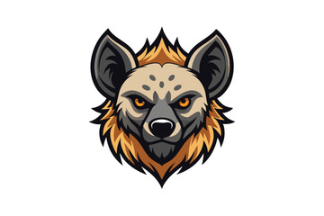 Intense hyena head shows striking orange eyes on the simple white background
