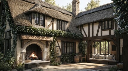Fototapeta premium Enchanting Thatched Cottage with Cozy Fireplace
