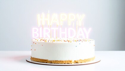 A scene with "HAPPY BIRTHDAY" glowing like a neon light on a birthday cake with lit candles on a dark background