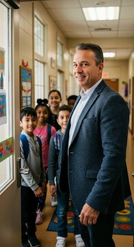Man teacher with students in school hallway education elementary school principal with children smiling happy