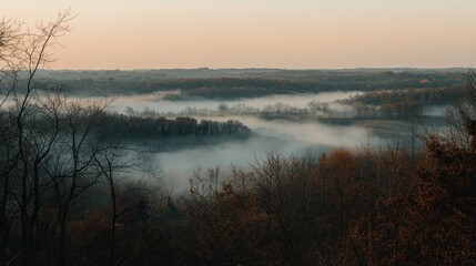 Obraz premium Misty autumn landscape, tranquil view from high vantage point. Foggy valley, trees and foliage in autumnal colors