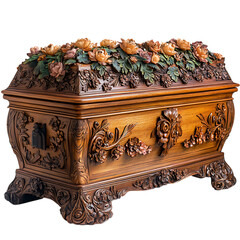 Wooden Casket with Floral Design Isolated on Transparent Background