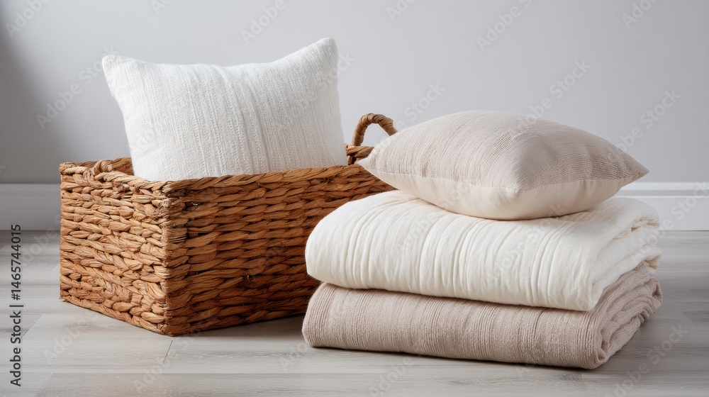 Aufkleber Cozy Folded Blankets and Pillow in a Woven Basket Beside a Minimalist Wall Space Perfect for a Relaxing Atmosphere Generative AI