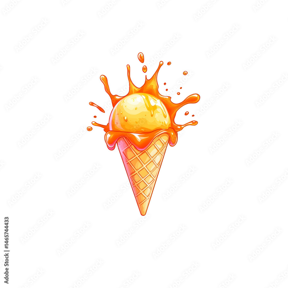 Poster vibrant illustration of ice cream cone with splash of orange liquid, creating dynamic and playful ef