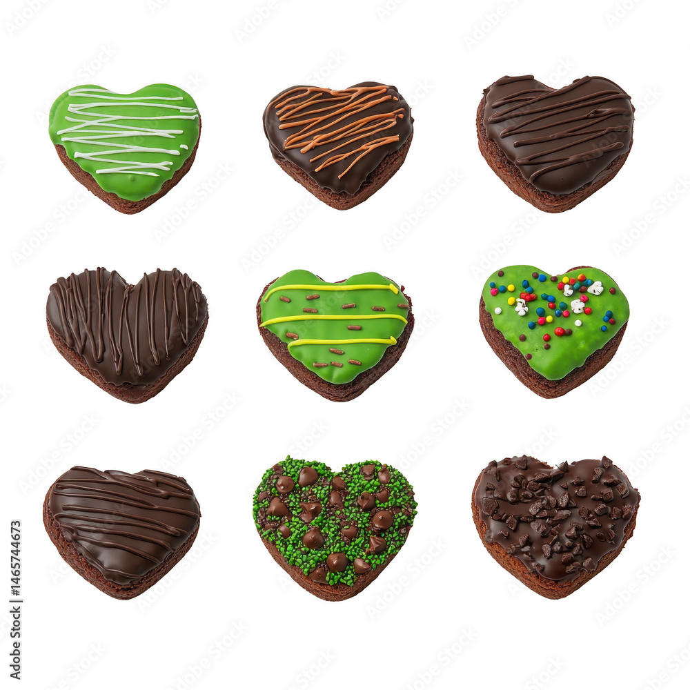 Poster heart shaped chocolate cookies with colorful icing and sprinkles arranged in grid pattern. each cook