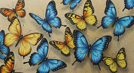 Vibrant Blue and Yellow Butterflies Detailed Pointillism Artwork Insect Art Print