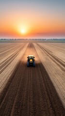 Tractor Plowing Field at Sunrise with Warm Sky and Earth Tones
