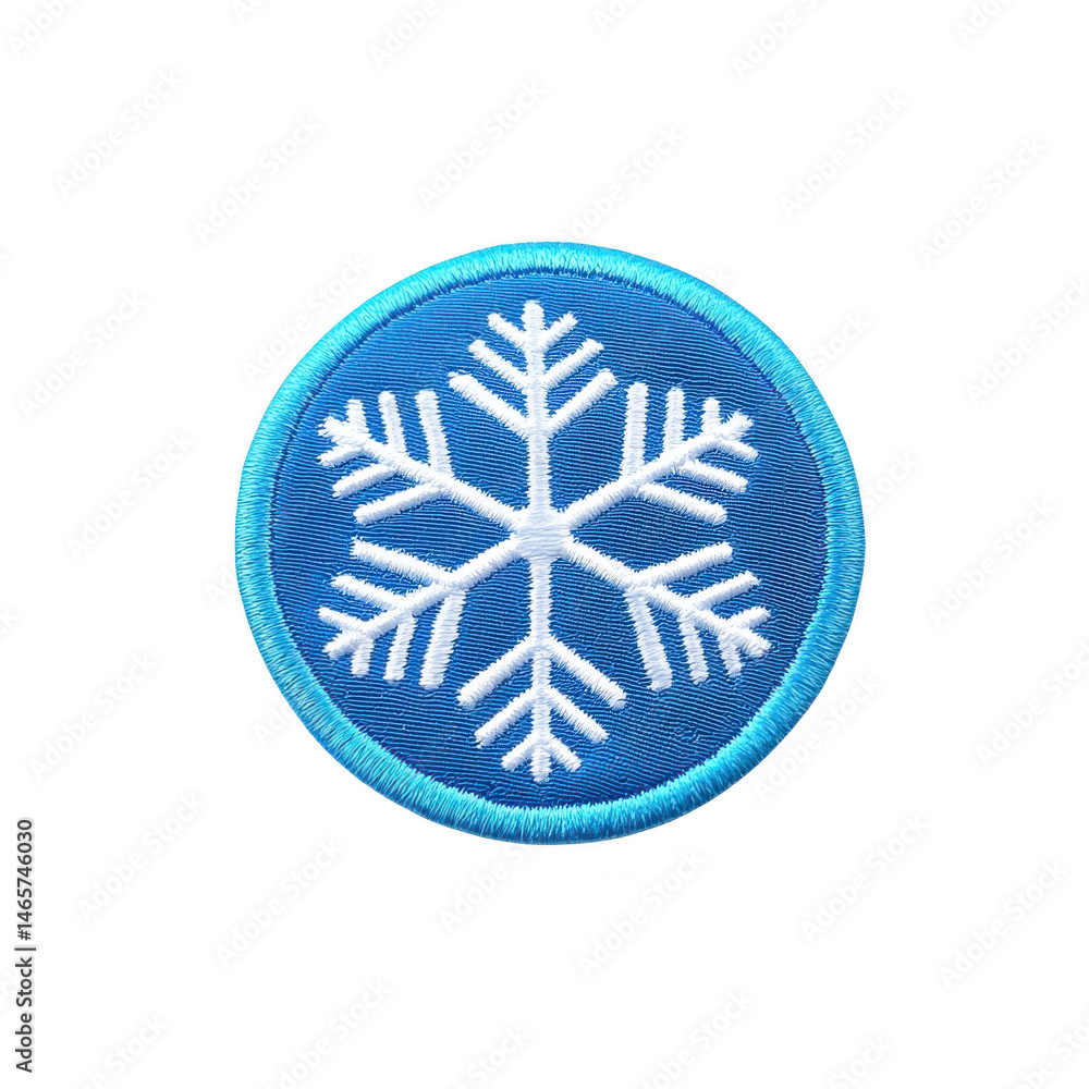 Poster round embroidered patch features white snowflake design on blue background, symbolizing winter or co