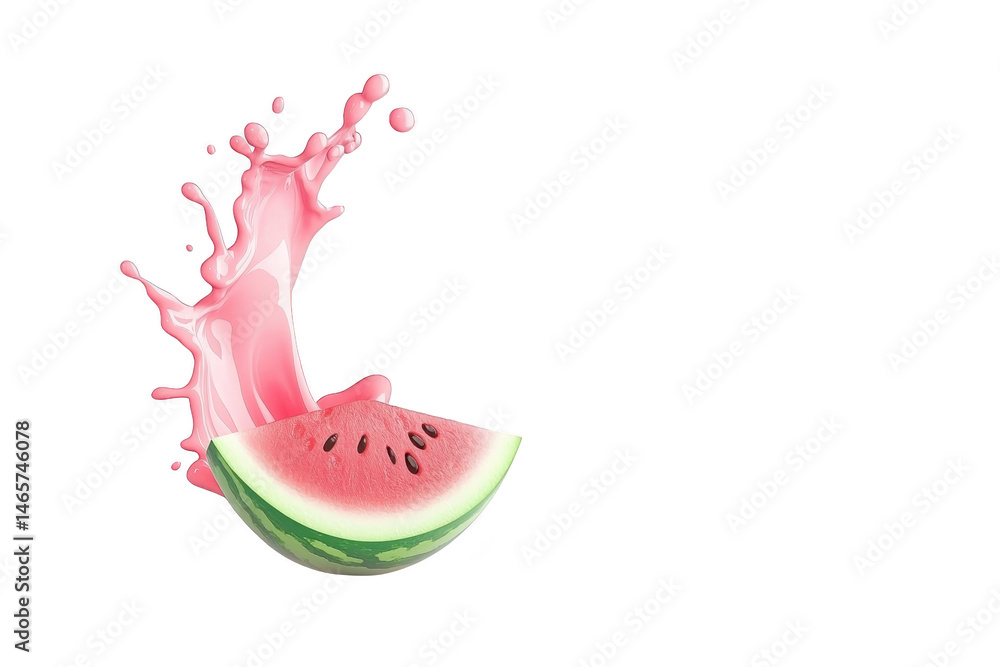 Poster juicy watermelon slice splashes into pink liquid, creating dynamic and refreshing scene. vibrant col