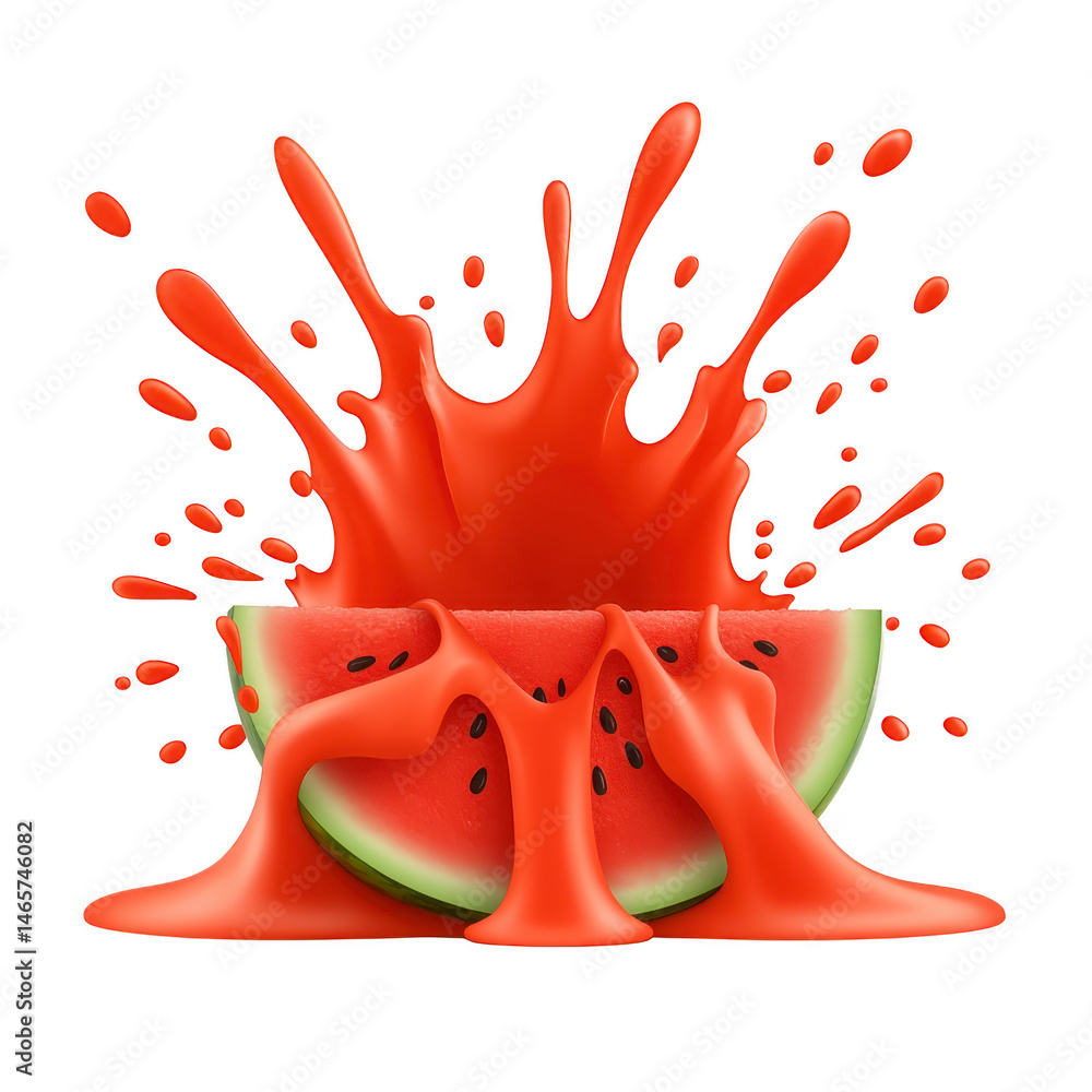 Poster vibrant splash of watermelon juice erupts from juicy watermelon slice, creating dynamic and refreshi