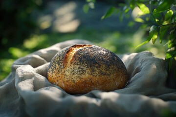 A crusty poppy seed bread rests on a linen cloth outdoors, bathed in sunlight.