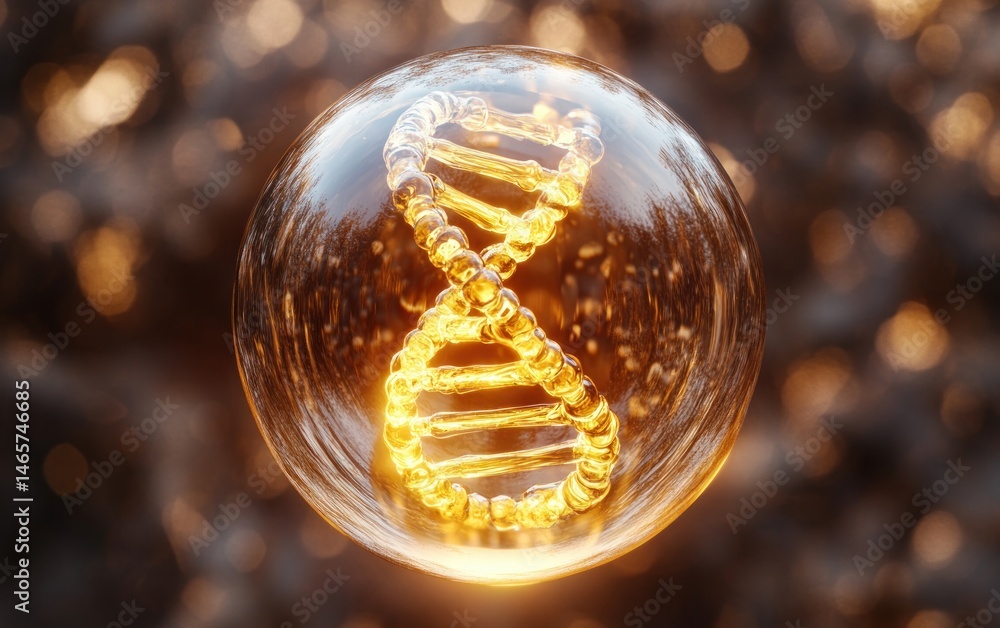 Aufkleber glowing golden dna double helix structure encapsulated in a transparent spherical bubble with warm b