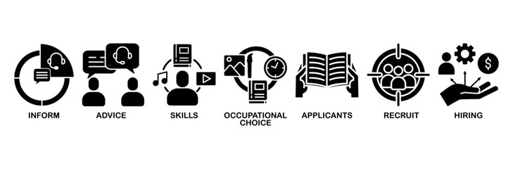 Job fair icon set vector illustration concept for employee recruitment and onboarding program with an icon of the information, advice, skills, occupational, applicants, recruit, and hiring