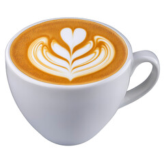 White ceramic cup filled with beautifully crafted latte featuring intricate heart shaped latte art on top, showcasing skill of barista
