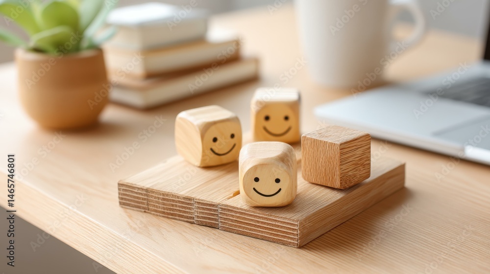 Poster a wooden block with a smiling face symbolizes topnotch customer satisfaction, enhancing service revi