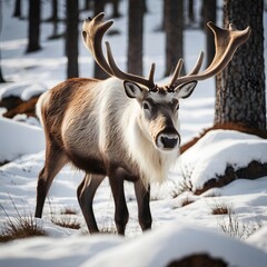 Potrait of alone Reindeer in the forest during winter season AI Generated Image