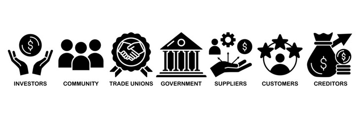 Stakeholder relationship icon set vector illustration concept for stakeholder, investor, government, and creditors with icon of community, trade unions, suppliers, and customers