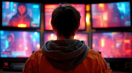 A shadowy hacker in a hood types furiously on glowing screens, surrounded by the tense ambience of a digital underworld.