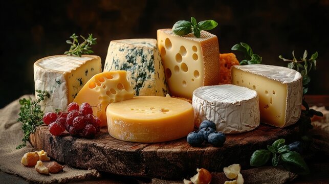 Assortment of various cheeses including blue cheese, Swiss cheese, and brie on a rustic wooden board with fresh grapes, blueberries, nuts, and green herbs in warm lighting